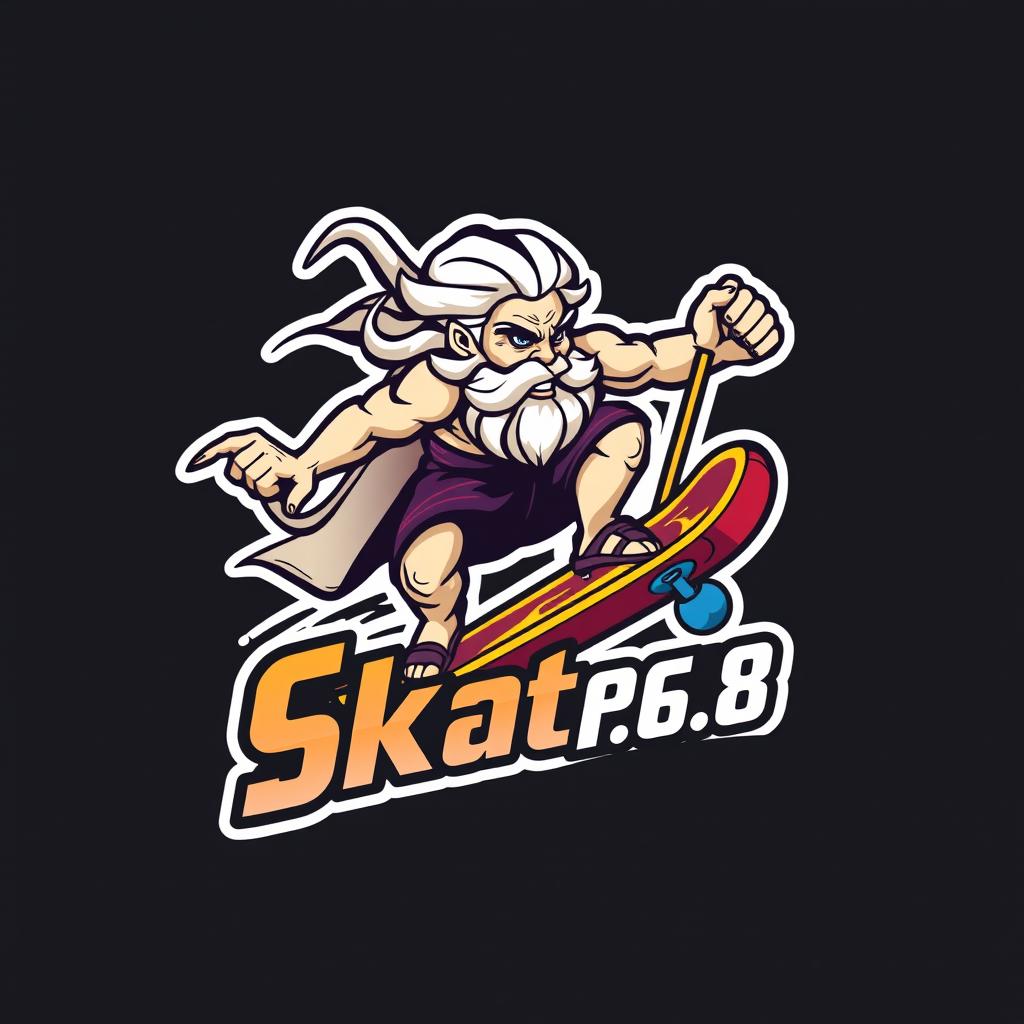 A dynamic logo design featuring Zeus riding a skateboard, showcasing him in a powerful pose with an intense expression that exudes confidence and skill