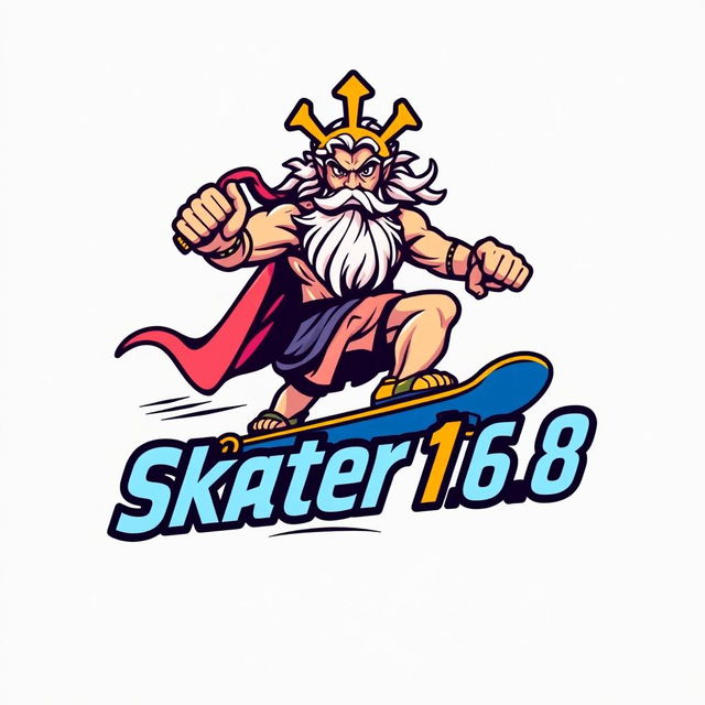 A dynamic logo design featuring Zeus riding a skateboard, showcasing him in a powerful pose with an intense expression that exudes confidence and skill