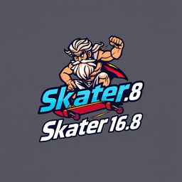 A dynamic logo design featuring Zeus riding a skateboard, showcasing him in a powerful pose with an intense expression that exudes confidence and skill