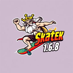 A dynamic logo design featuring Zeus riding a skateboard, showcasing him in a powerful pose with an intense expression that exudes confidence and skill