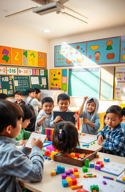 A vibrant and engaging classroom scene dedicated to elementary school students learning mathematics in a fun and enjoyable way