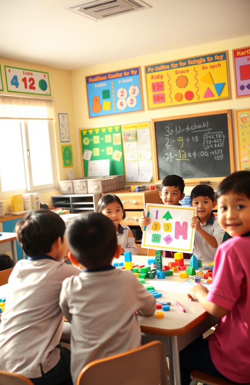 A vibrant and engaging classroom scene dedicated to elementary school students learning mathematics in a fun and enjoyable way