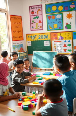 A vibrant and engaging classroom scene dedicated to elementary school students learning mathematics in a fun and enjoyable way