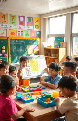 A vibrant and engaging classroom scene dedicated to elementary school students learning mathematics in a fun and enjoyable way