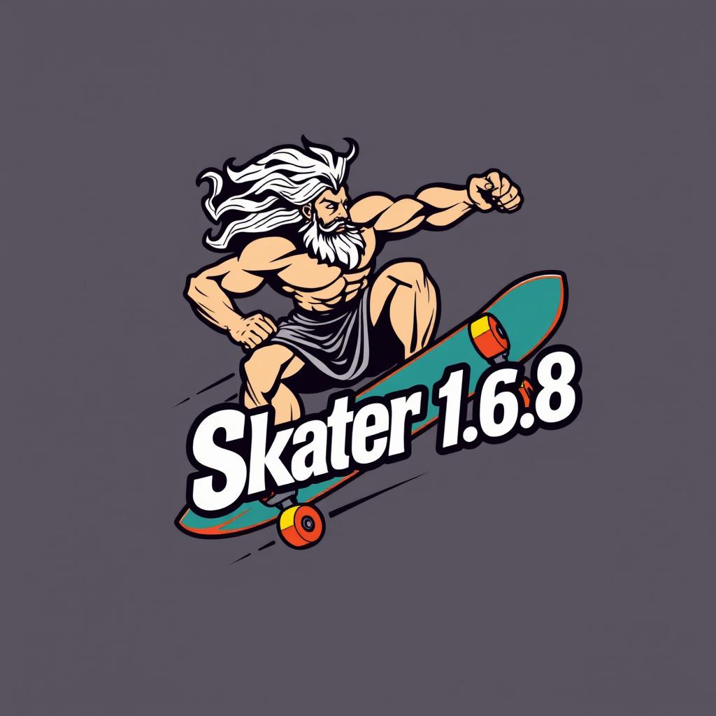 A striking logo design featuring Zeus riding a skateboard in a powerful, action-packed pose, capturing the essence of both mythology and extreme sports