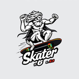 A striking logo design featuring Zeus riding a skateboard in a powerful, action-packed pose, capturing the essence of both mythology and extreme sports