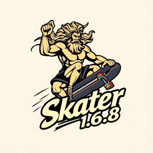 A striking logo design featuring Zeus riding a skateboard in a powerful, action-packed pose, capturing the essence of both mythology and extreme sports