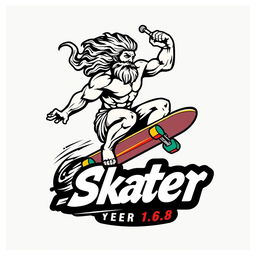A striking logo design featuring Zeus riding a skateboard in a powerful, action-packed pose, capturing the essence of both mythology and extreme sports