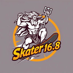 A captivating logo design depicting Zeus riding a skateboard, capturing his powerful physique and commanding presence