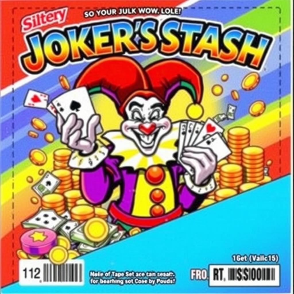 A colorful and vibrant lottery scratch off ticket titled 'JOKER'S STASH', prominently featuring a whimsical illustrated jester