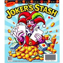 A colorful and vibrant lottery scratch off ticket titled 'JOKER'S STASH', prominently featuring a whimsical illustrated jester