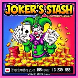 A colorful and vibrant lottery scratch off ticket titled 'JOKER'S STASH', prominently featuring a whimsical illustrated jester
