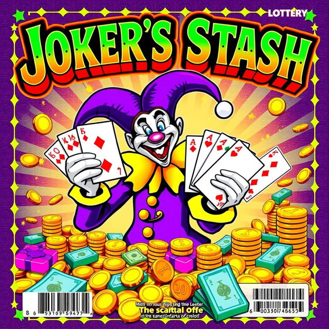 A colorful and vibrant lottery scratch off ticket titled 'JOKER'S STASH', prominently featuring a whimsical illustrated jester