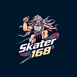 A powerful logo design featuring Zeus riding a skateboard, capturing his godlike presence and skill