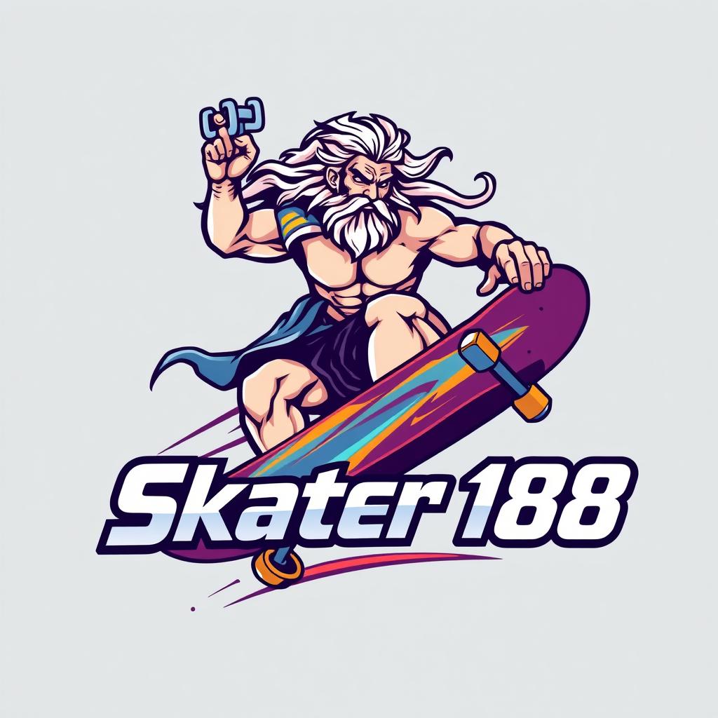 A powerful logo design featuring Zeus riding a skateboard, capturing his godlike presence and skill