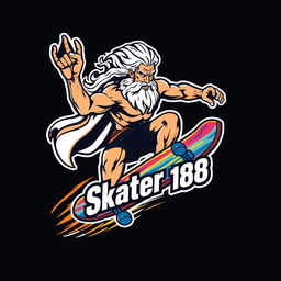 A powerful logo design featuring Zeus riding a skateboard, capturing his godlike presence and skill