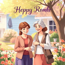 A heartwarming book cover illustration depicting a kind young woman helping an elderly woman, set in a cozy suburban environment