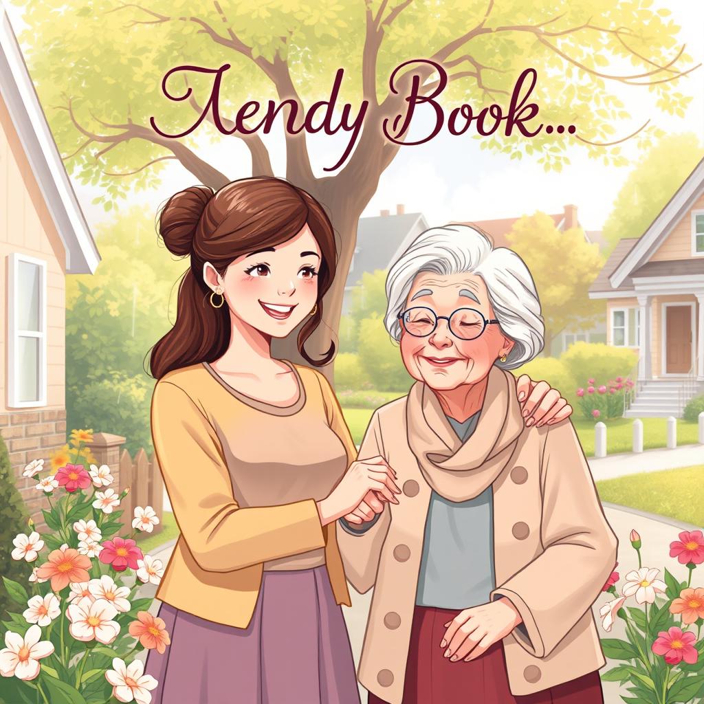 A heartwarming book cover illustration depicting a kind young woman helping an elderly woman, set in a cozy suburban environment
