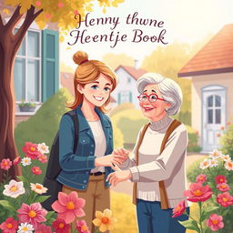 A heartwarming book cover illustration depicting a kind young woman helping an elderly woman, set in a cozy suburban environment