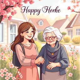 A heartwarming book cover illustration depicting a kind young woman helping an elderly woman, set in a cozy suburban environment