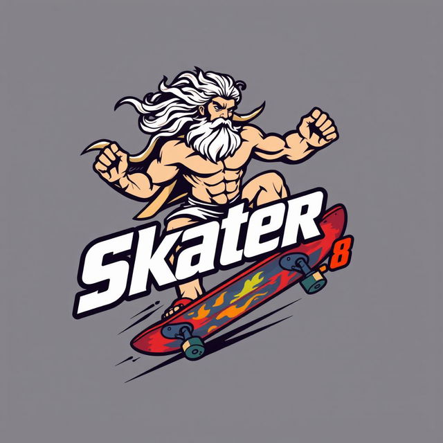 A dynamic logo design featuring Zeus riding a skateboard, embodying strength and agility