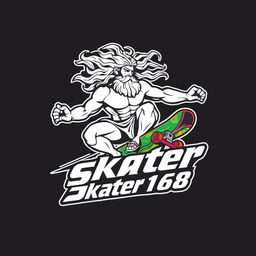 A dynamic logo design featuring Zeus riding a skateboard, embodying strength and agility
