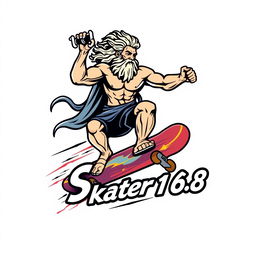 A dynamic logo design featuring Zeus riding a skateboard, embodying strength and agility