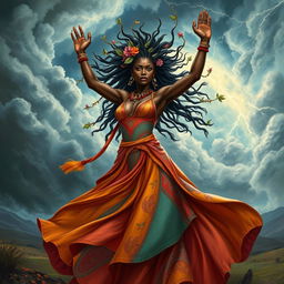 A beautiful depiction of Iansa, the African goddess of winds and storms, adorned in vibrant colors
