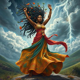 A beautiful depiction of Iansa, the African goddess of winds and storms, adorned in vibrant colors