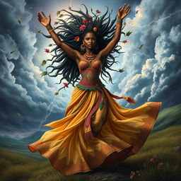A beautiful depiction of Iansa, the African goddess of winds and storms, adorned in vibrant colors