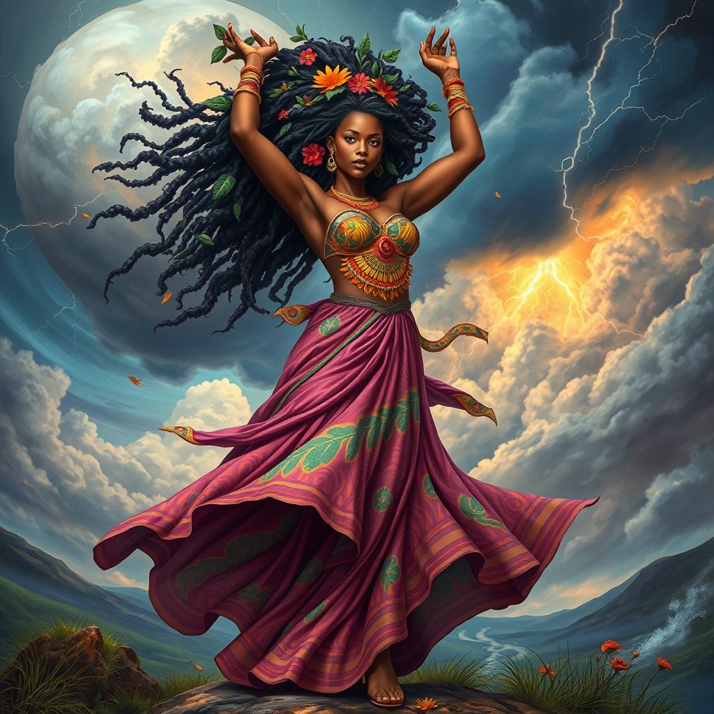 A beautiful depiction of Iansa, the African goddess of winds and storms, adorned in vibrant colors