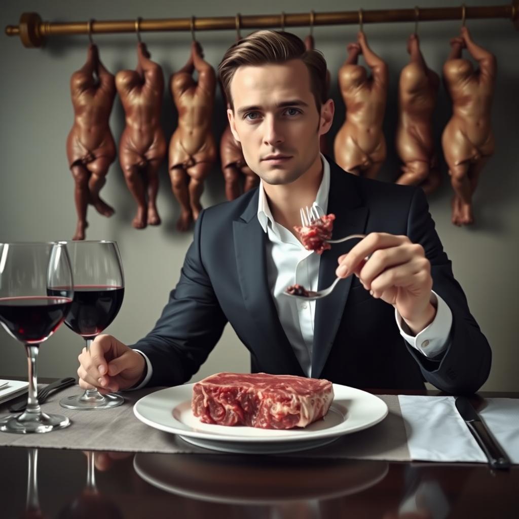 A 25-year-old man dressed in a sleek black suit and a crisp white shirt is elegantly seated at a dinner table