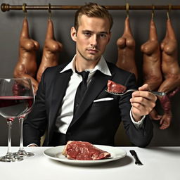 A 25-year-old man dressed in a sleek black suit and a crisp white shirt is elegantly seated at a dinner table