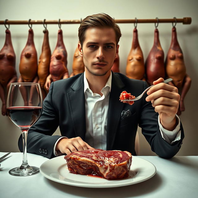 A 25-year-old man dressed in a sleek black suit and a crisp white shirt is elegantly seated at a dinner table