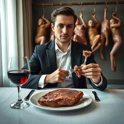 A 25-year-old man dressed in a sleek black suit and a crisp white shirt is elegantly seated at a dinner table