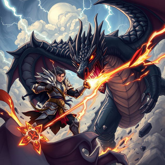 An epic showdown illustration featuring Gatot Kaca, a legendary character from Javanese folklore, engaged in a fierce battle against a formidable Black Dragon