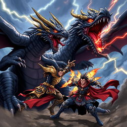 An epic showdown illustration featuring Gatot Kaca, a legendary character from Javanese folklore, engaged in a fierce battle against a formidable Black Dragon