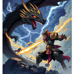An epic showdown illustration featuring Gatot Kaca, a legendary character from Javanese folklore, engaged in a fierce battle against a formidable Black Dragon