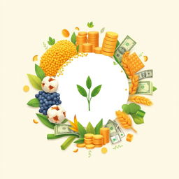 A circular design centered around specific crops like soybeans, cotton, and barley, each depicted in rich detail to showcase their textures and colors