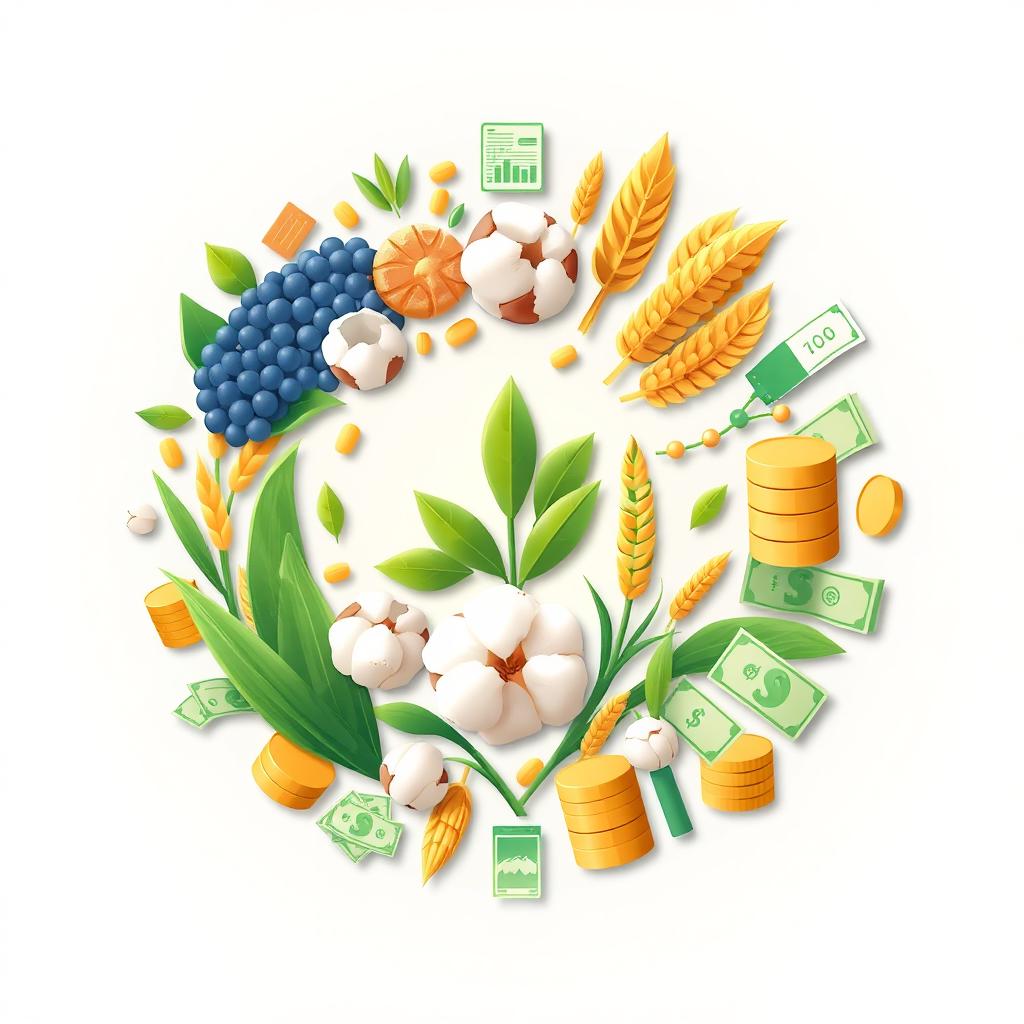 A circular design centered around specific crops like soybeans, cotton, and barley, each depicted in rich detail to showcase their textures and colors