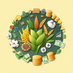 A circular design centered around specific crops like soybeans, cotton, and barley, each depicted in rich detail to showcase their textures and colors