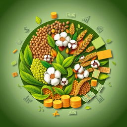 A circular design centered around specific crops like soybeans, cotton, and barley, each depicted in rich detail to showcase their textures and colors
