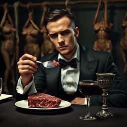 A 30-year-old man dressed in a vampire-style black suit and a crisp white shirt, sitting at a dimly lit dinner table