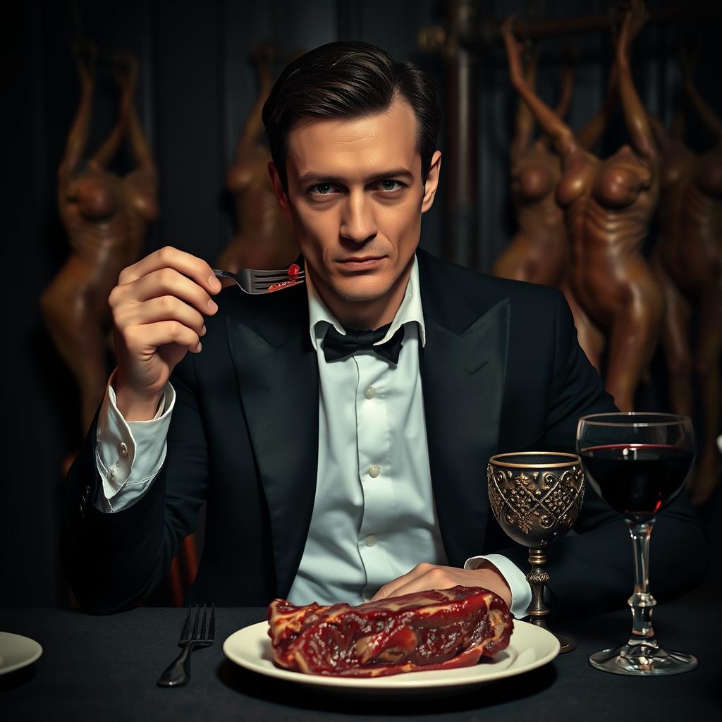 A 30-year-old man dressed in a vampire-style black suit and a crisp white shirt, sitting at a dimly lit dinner table