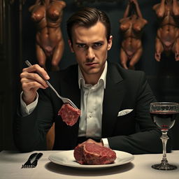 A 30-year-old man dressed in a vampire-style black suit and a crisp white shirt, sitting at a dimly lit dinner table