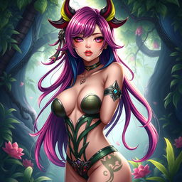 A stunning futanari character with striking features, vibrant hair that cascades down her shoulders, full lips, and engaging eyes that hint at allure
