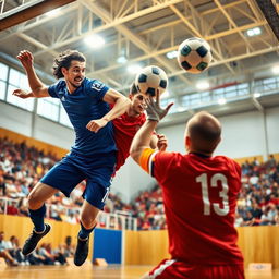 A dynamic handball scene featuring two players in action, one in a blue jersey and the other in a red jersey, leaping towards the goal with intense focus