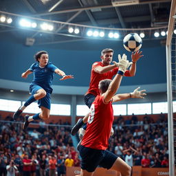 A dynamic handball scene featuring two players in action, one in a blue jersey and the other in a red jersey, leaping towards the goal with intense focus