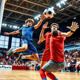 A dynamic handball scene featuring two players in action, one in a blue jersey and the other in a red jersey, leaping towards the goal with intense focus
