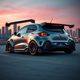 The next generation of Renault 5 Turbo cars envisioned in a futuristic setting, featuring elegant carbon fiber details, an aggressive widebody kit, an impressive rear wing for enhanced aerodynamics, stylish 19-inch alloy wheels, and functional diffusers that accentuate the car's sporty appearance